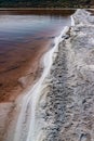 The shore of the Kuyalnitsky estuary, which became shallow during a drought, covered with crystals of self-sedimentary table salt