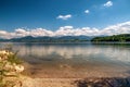 Shore of lake and beautiful mountains at bacjground