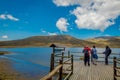 Shore of the lake Limpiopungo located in Cotopaxi national park, Ecuador in a sunny and windy day