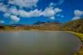 Shore of the lake Limpiopungo located in Cotopaxi national park, Ecuador in a sunny and windy day