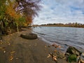 The shore of the Sacramento river with an old tire near the water Royalty Free Stock Photo