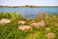 The shore of Songya Lake, piled with huge stones,
