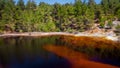 Shore of toxic lake in abandoned open pit mine. Red color derives from high levels of acid and heavy metals