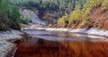 Shore of toxic red lake in open pit of old copper mine in a forest Royalty Free Stock Photo