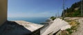 The shore and various buildings in the village of Volkonskaya on the Black Sea coast, the Greater Sochi region.