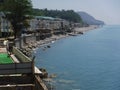 The shore and various buildings in the village of Volkonskaya on the Black Sea coast, the Greater Sochi region.