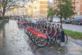 Santander bicycle parking on footpath for people transportation and exercise in Shoreditch London