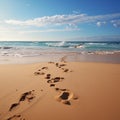 Shoreline imprints, footprints on beach sand narrate tales of ocean rendezvous