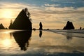 Sea stacks and reflections on sandy beach.