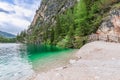 The shores of the famous Alpine Lake Braies with crystal emerald water Royalty Free Stock Photo