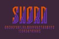 Shorn artistic display font. Complex orange purple letters, numbers and currency signs. Isolated vector english alphabet