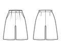 Short baggy Bermudas dress pants technical fashion illustration with above-the-knee length, single pleat, normal waist