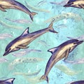 Short-beaked common dolphin, hand painted watercolor illustration, seamless pattern on blue, green ocean surface with waves