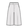 Short Bermuda dress pants technical fashion illustration with knee length, normal waist, high rise, slashed pocket.