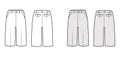 Short Bermuda pants technical fashion illustration with knee length, low waist, rise, slashed pocket. Flat walking