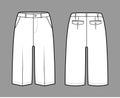 Short Bermuda pants technical fashion illustration with knee length, low waist, rise, slashed pocket. Flat walking