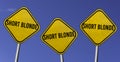 Short blonde - three yellow signs with blue sky background
