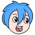 Short blue haired girl head with a surprised face. doodle icon drawing