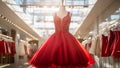 Short bridesmaid red dress at salon background. Elegant woman guest red wedding gown. Cocktail prom dress. Special occasion