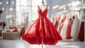 Short bridesmaid red dress on salon background. Elegant woman guest red wedding gown. Cocktail dress. Special occasion graduation