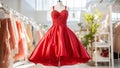 Short bridesmaid red dress on salon background. Elegant woman guest red wedding gown. Cocktail dress. Special occasion graduation