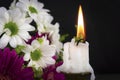 Short candle burning in close-up among flowers Royalty Free Stock Photo