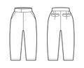 Short capri pants technical fashion illustration with knee length, normal waist, slashed pocket, extended waistband