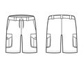 Short cargo technical fashion illustration with mid-thigh length, low waist, rise, slashed, bellows pocket. Flat Bermuda Royalty Free Stock Photo