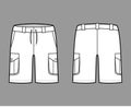 Short cargo technical fashion illustration with mid-thigh length, low waist, rise, slashed, bellows pocket. Flat Bermuda Royalty Free Stock Photo