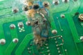 Short circuit on the printed circuit board. Failed electronics. Malfunction of the electronic component on the PCB Royalty Free Stock Photo