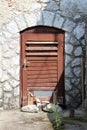 Short doors with dilapidated cracked wooden boards held closed with large rocks mounted on traditional stone house wall