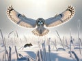 A Short-eared owl flying low after a snowfall hoping to catch a mouse AI Generated