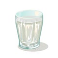 Short faceted glass cup with water. Drinking vessels. Small transparent tableware with liquid.