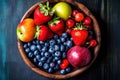 Short food supply chains SFSCs. From garden to plate concept. A bowl of fresh fruit and berries. Flat lay, Copy space Royalty Free Stock Photo