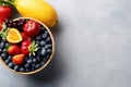 Short food supply chains SFSCs. From garden to plate concept. A bowl of fresh fruit and berries. Flat lay, Copy space Royalty Free Stock Photo