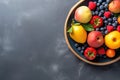 Short food supply chains SFSCs. From garden to plate concept. A bowl of fresh fruit and berries. Flat lay, Copy space Royalty Free Stock Photo