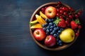 Short food supply chains SFSCs. From garden to plate concept. A bowl of fresh fruit and berries. Flat lay, Copy space Royalty Free Stock Photo
