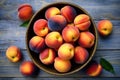 Short food supply chains SFSCs. From garden to plate concept. A bowl of fresh peaches on the wood table. Flat lay,
