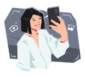 short hair young woman character smiling while taking selfie. holding and using a smartphone camera. cartoon vector illustration. Royalty Free Stock Photo