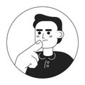 Short haired european man touching chin black and white 2D vector avatar illustration