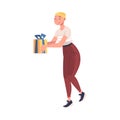 Short Haired Woman with Gift Box Engaged in Holiday Congratulation Vector Illustration