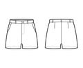 Short pants technical fashion illustration with mid-thigh length, low waist, rise, slashed pocket. Flat bottom apparel