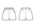 Short pants technical fashion illustration with mid-thigh length, normal waist, high rise, slashed pocket. Flat bottom