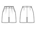 Short pants technical fashion illustration with mid-thigh length, single pleat, normal waist, high rise, slashed pocket.