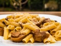 Short pasta dish with porcini mushrooms, parmesan cheese and black pepper