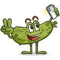 Short pickle influencer cartoon mascot tossing up a peace sign and taking a selfie for his social media