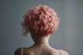 Short Pink Curly Hair , Rear View On Gray Background. Generative AI