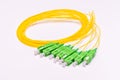 Short sections of yellow optical cable with green connectors on a white background Royalty Free Stock Photo