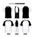 Raglan Round Neck T-Shirt Template, Short Sleeve, Black White, Front, Side And Back View Royalty Free Stock Photo