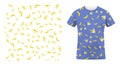 Short sleeved cotton sports t shirt decorated Ripe peeled yellow banana with bitten off part of fruit seamless pattern. Royalty Free Stock Photo